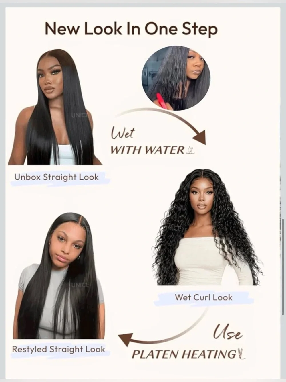 UNICE 2-in-1 Straight to Water Wave Human Hair Wig, 13x4 Lace Front Glueless Wig